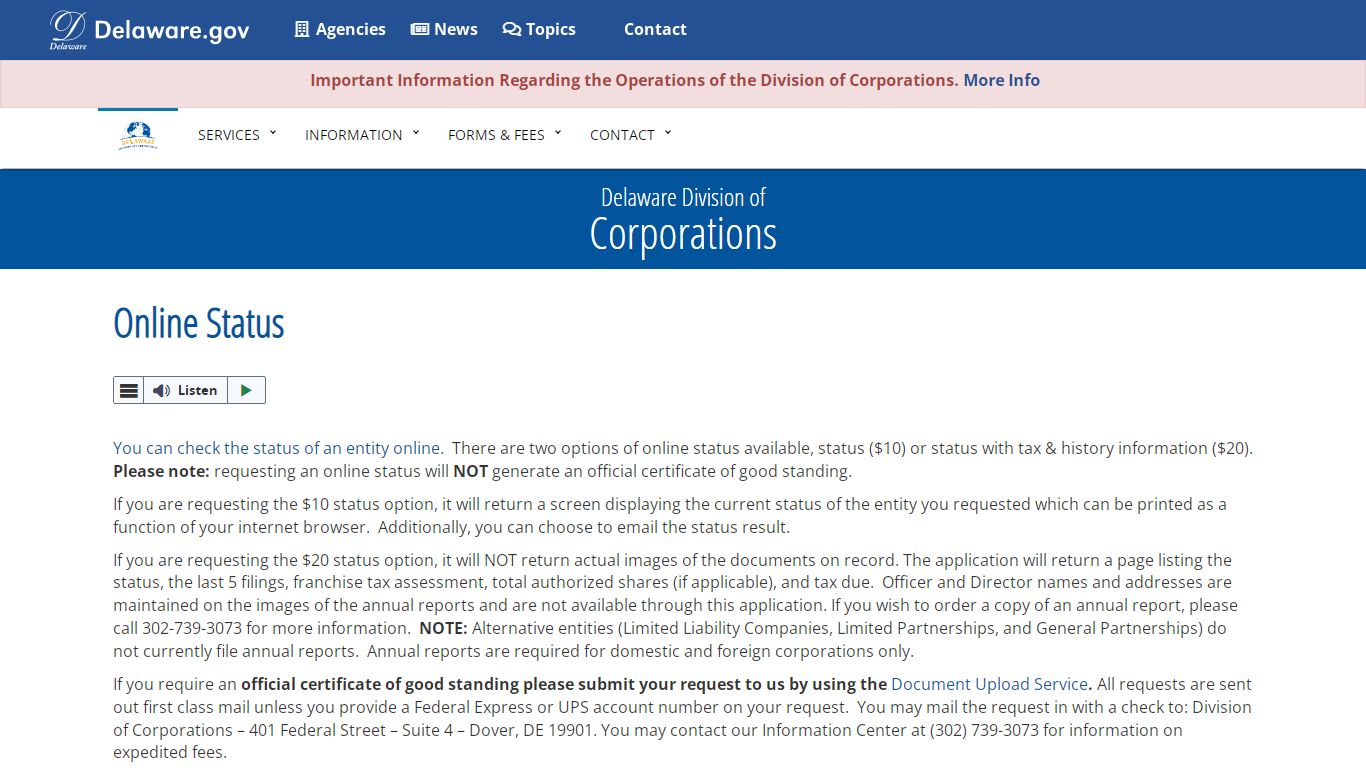 Online Status - Division of Corporations - State of Delaware
